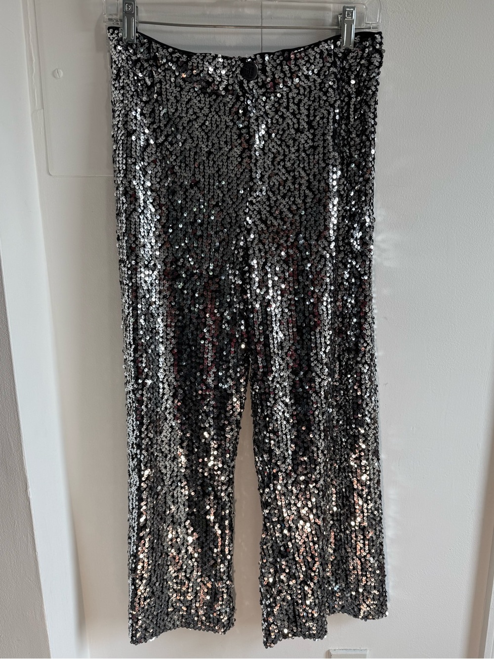 Maeve Anthropologie Sequin Wide-Leg Pants Silver - party Vegas nightclub - Picture 3 of 7